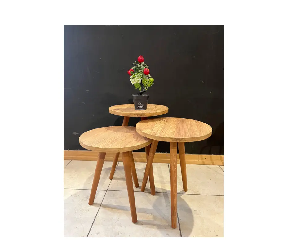 Coffee Table Wood With Wooden Legs Set of 3